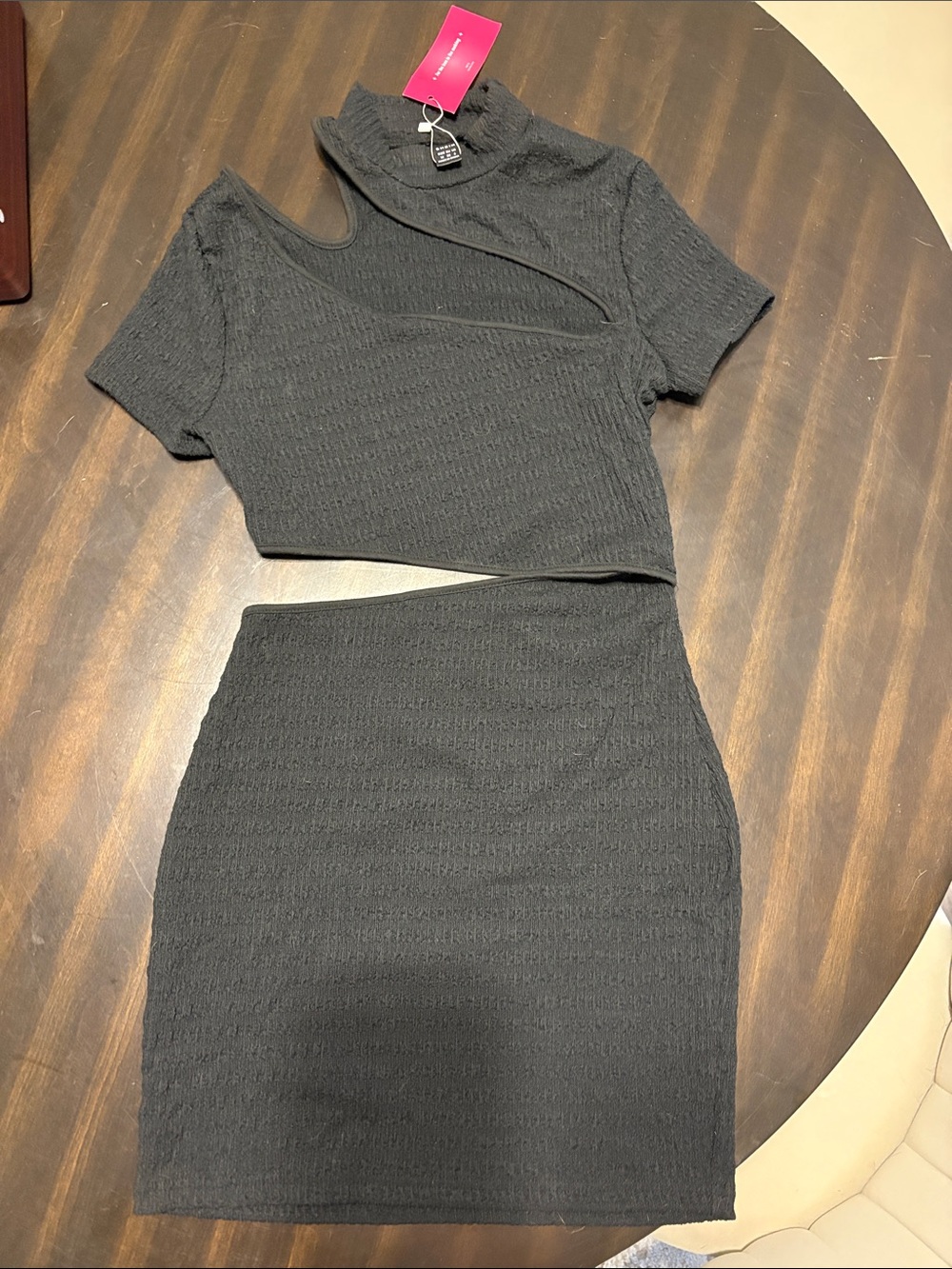 SHEIN Black Textured Cutout Crop Top & Skirt Set